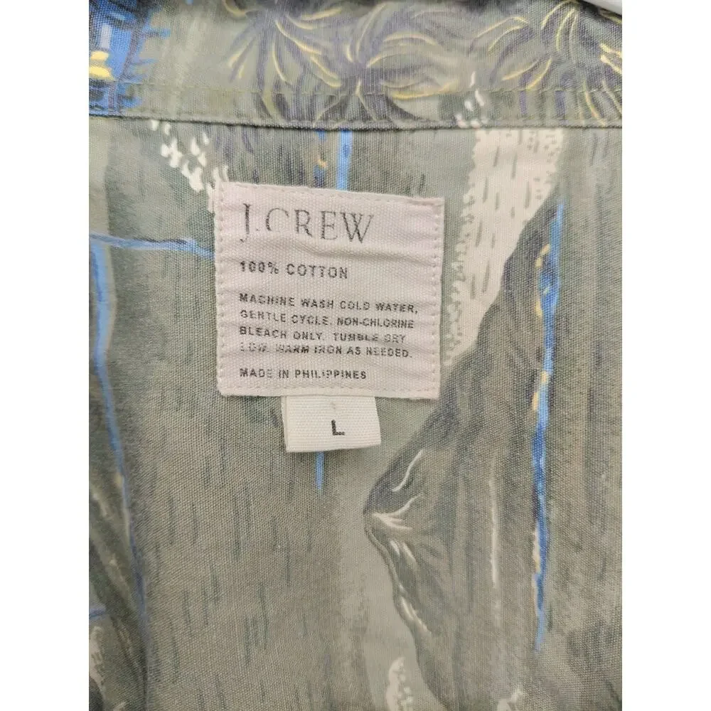 J.Crew Mens Large Hawaiian Camp Shirt Green Tropical Palm Trees Cotton Vintage